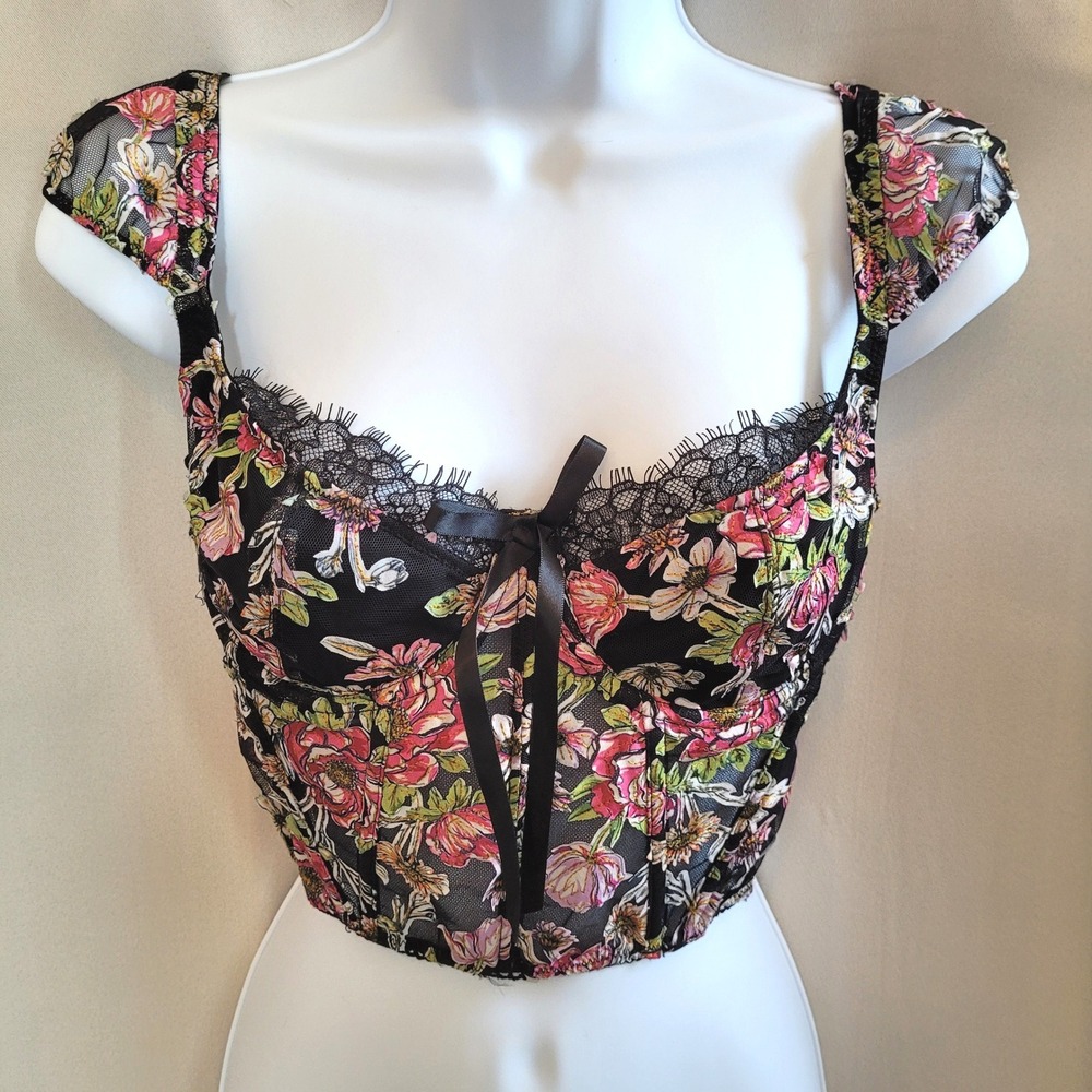 Victorias Secret Womens Corset Top Small Floral Lace Mesh Bustier Coquette 21691